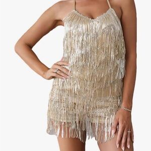 Elegant Gold Backless Fringe Dress